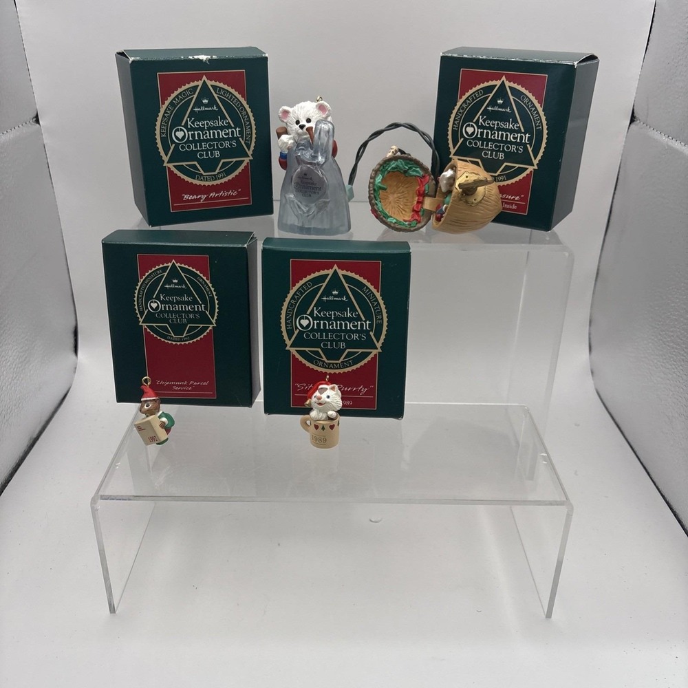 Lot of 4~Hallmark Ornaments Collector's Club~Chipmunk/Sittyg Purrty/Hidden/Beary
